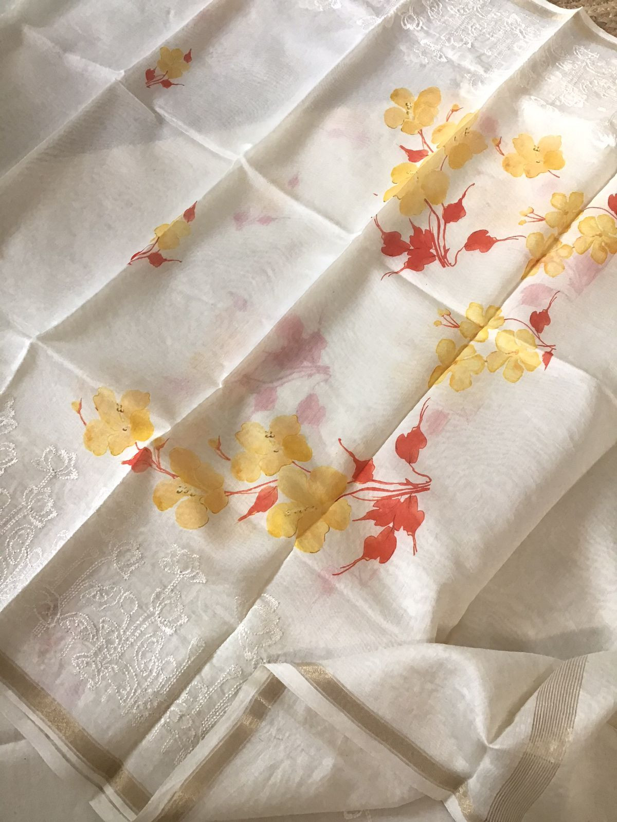 Pure Fine Mul Chanderi Printed Embroidered Suit - Off White