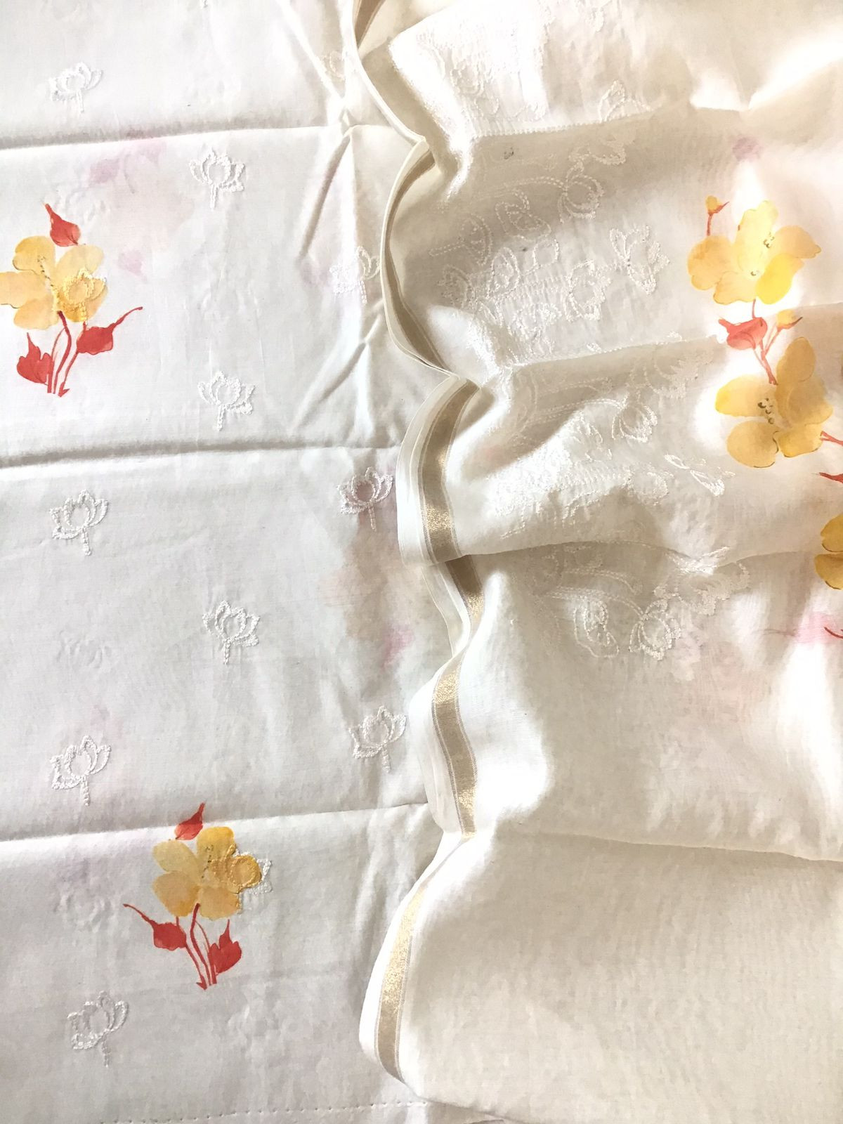 Pure Fine Mul Chanderi Printed Embroidered Suit - Off White