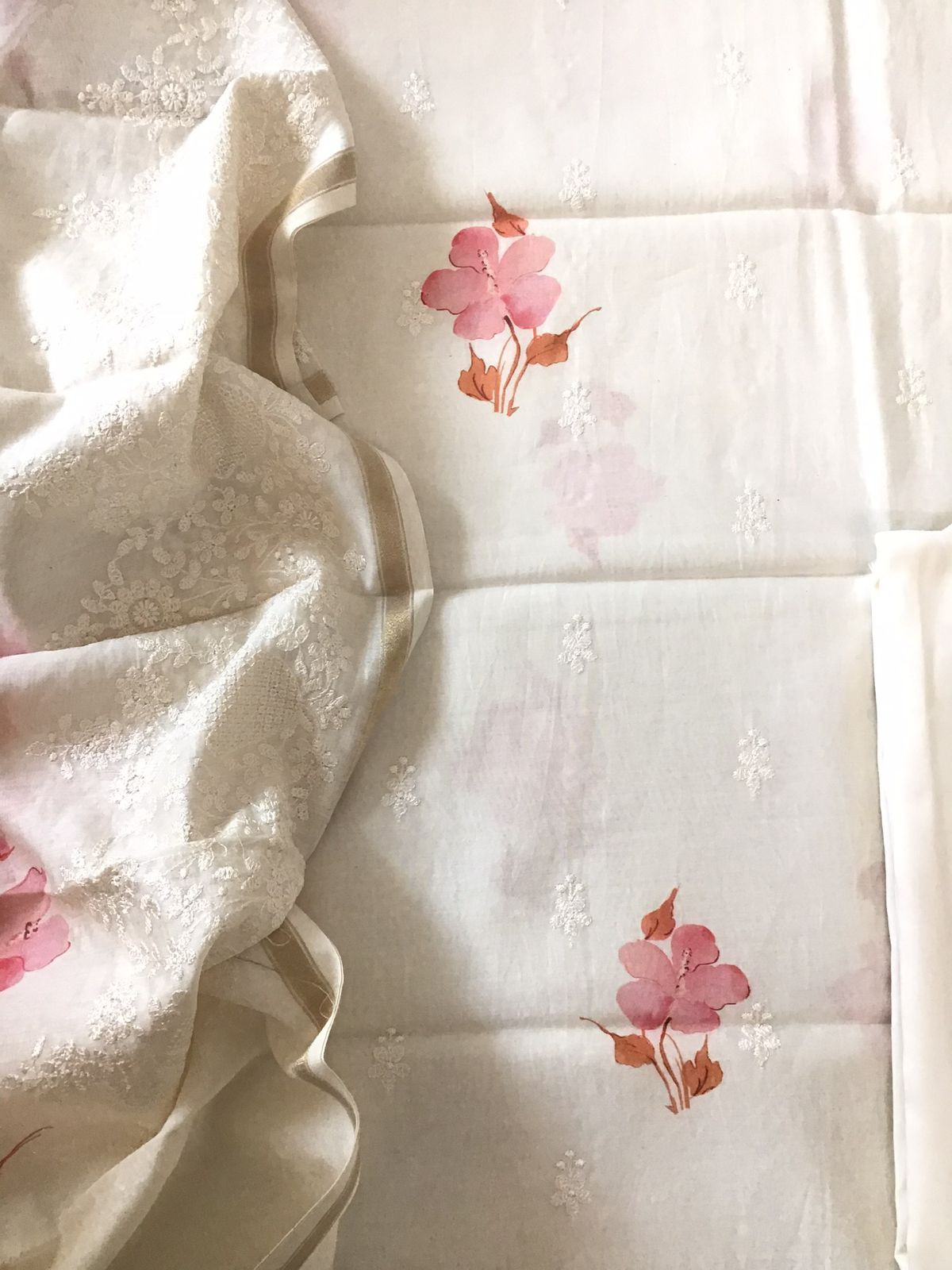 Pure Fine Mul Chanderi Printed Embroidered Suit - Off White