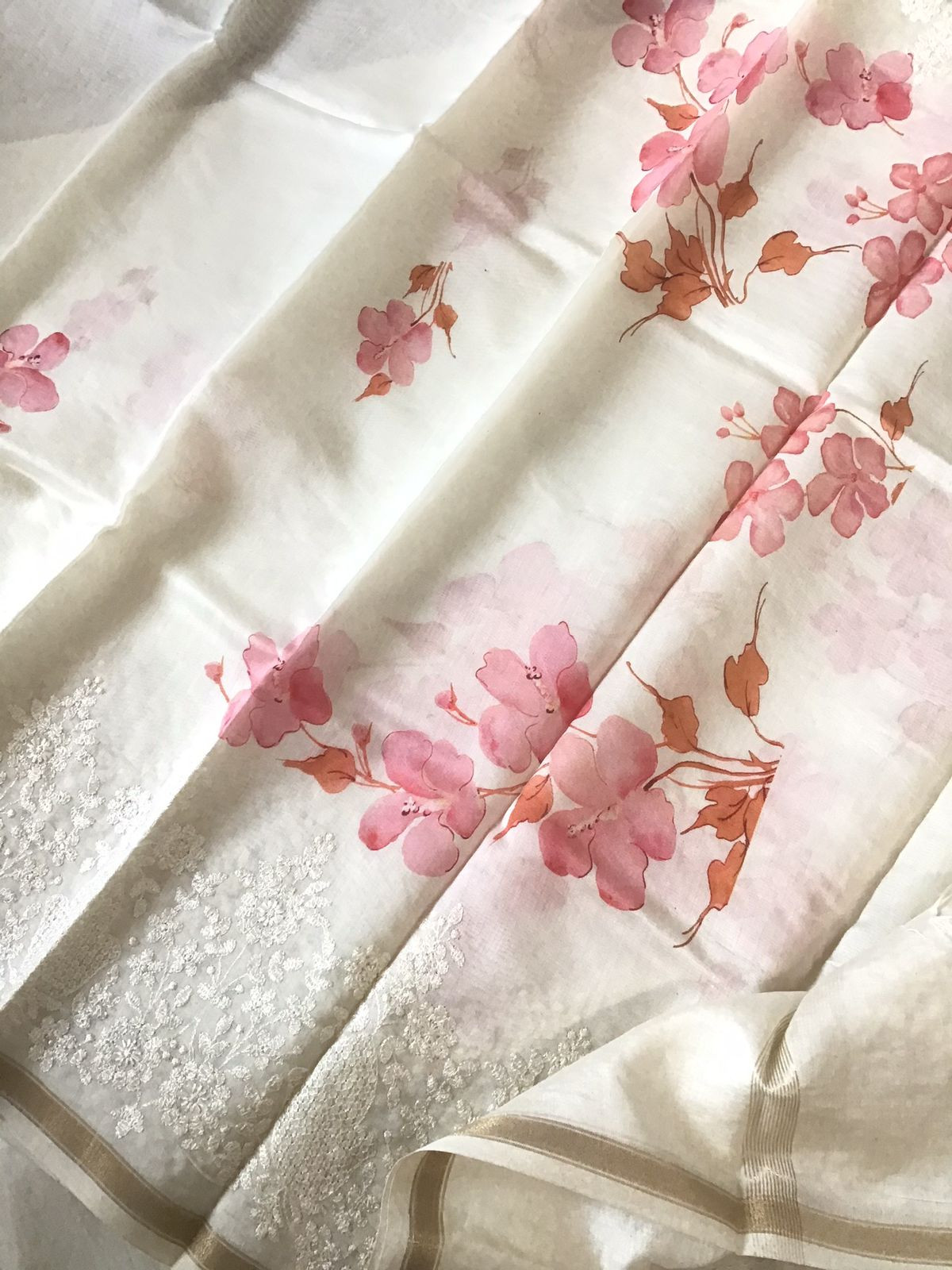 Pure Fine Mul Chanderi Printed Embroidered Suit - Off White