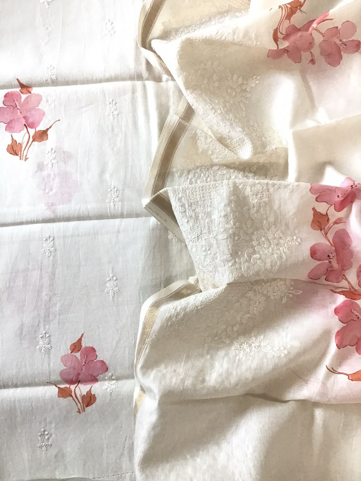 Pure Fine Mul Chanderi Printed Embroidered Suit - Off White