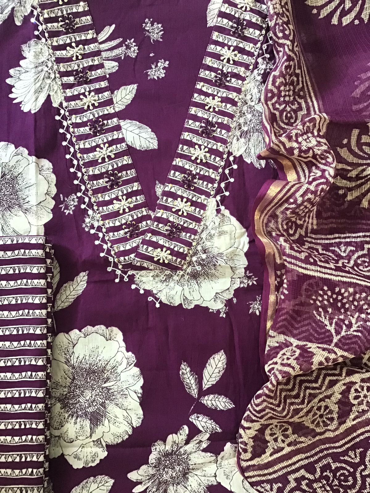 Pure Cotton Printed Embroidered Suit - Violet