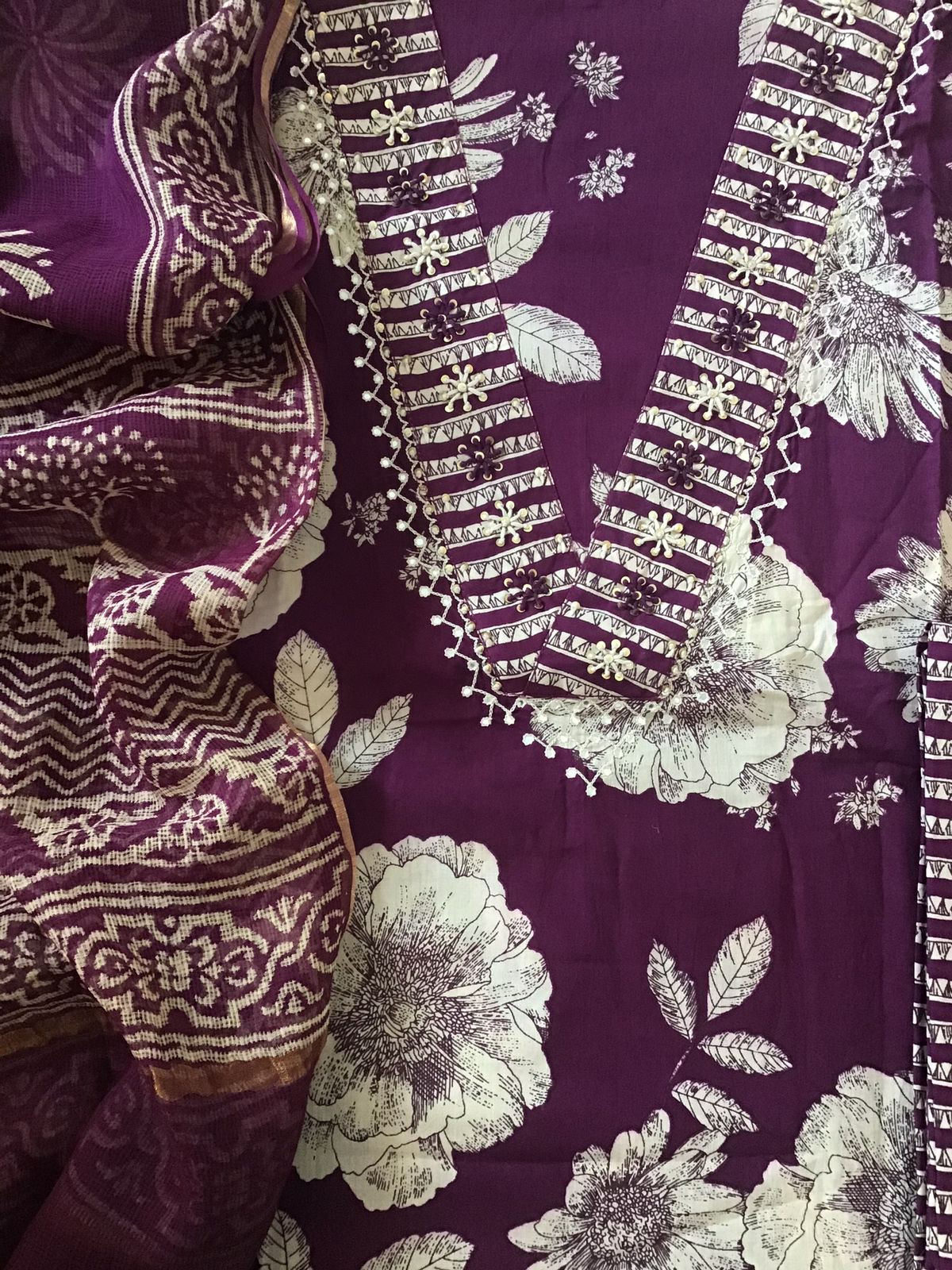 Pure Cotton Printed Embroidered Suit - Violet