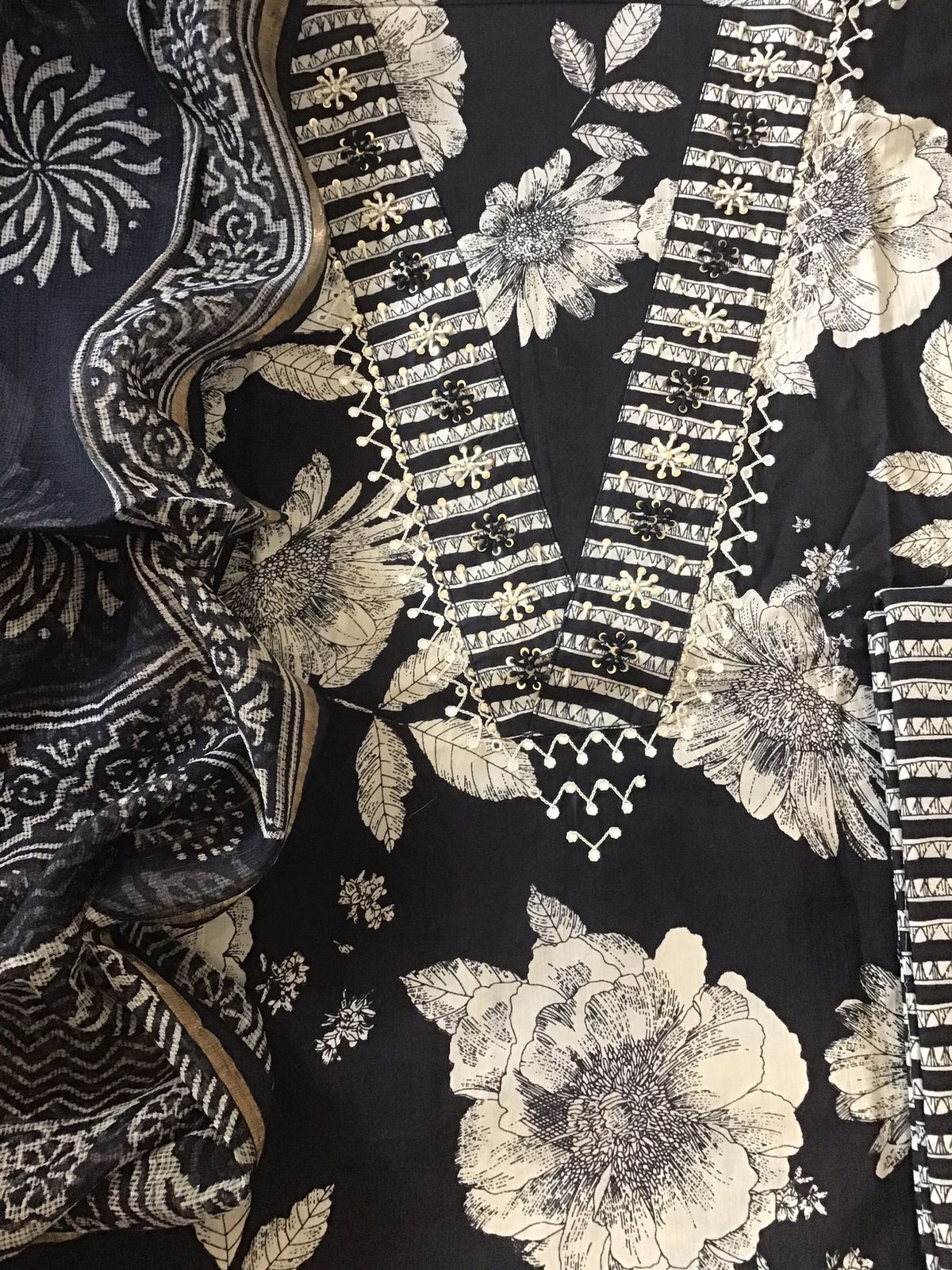 Pure Cotton Printed Embroidered Suit - Black