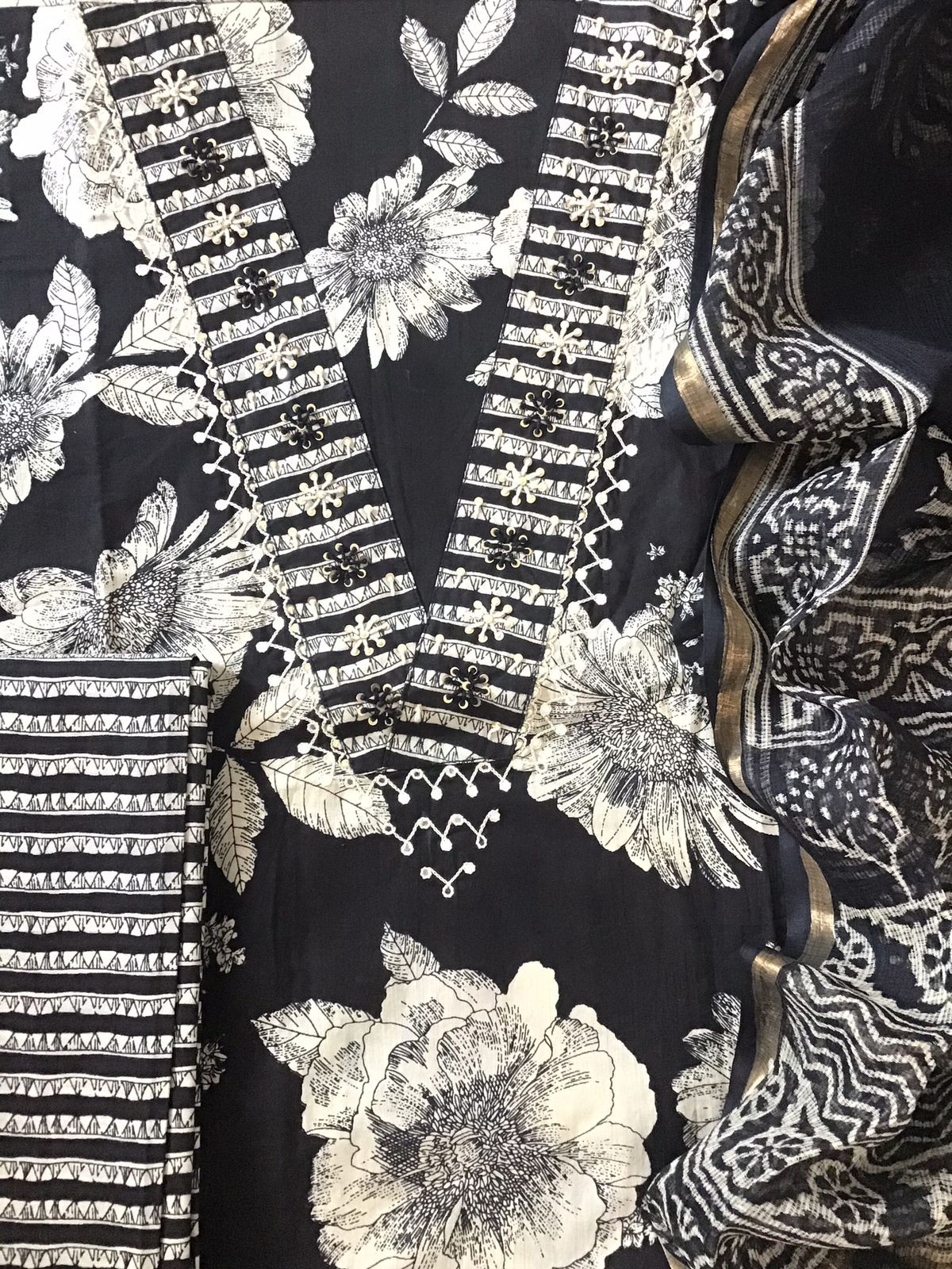 Pure Cotton Printed Embroidered Suit - Black