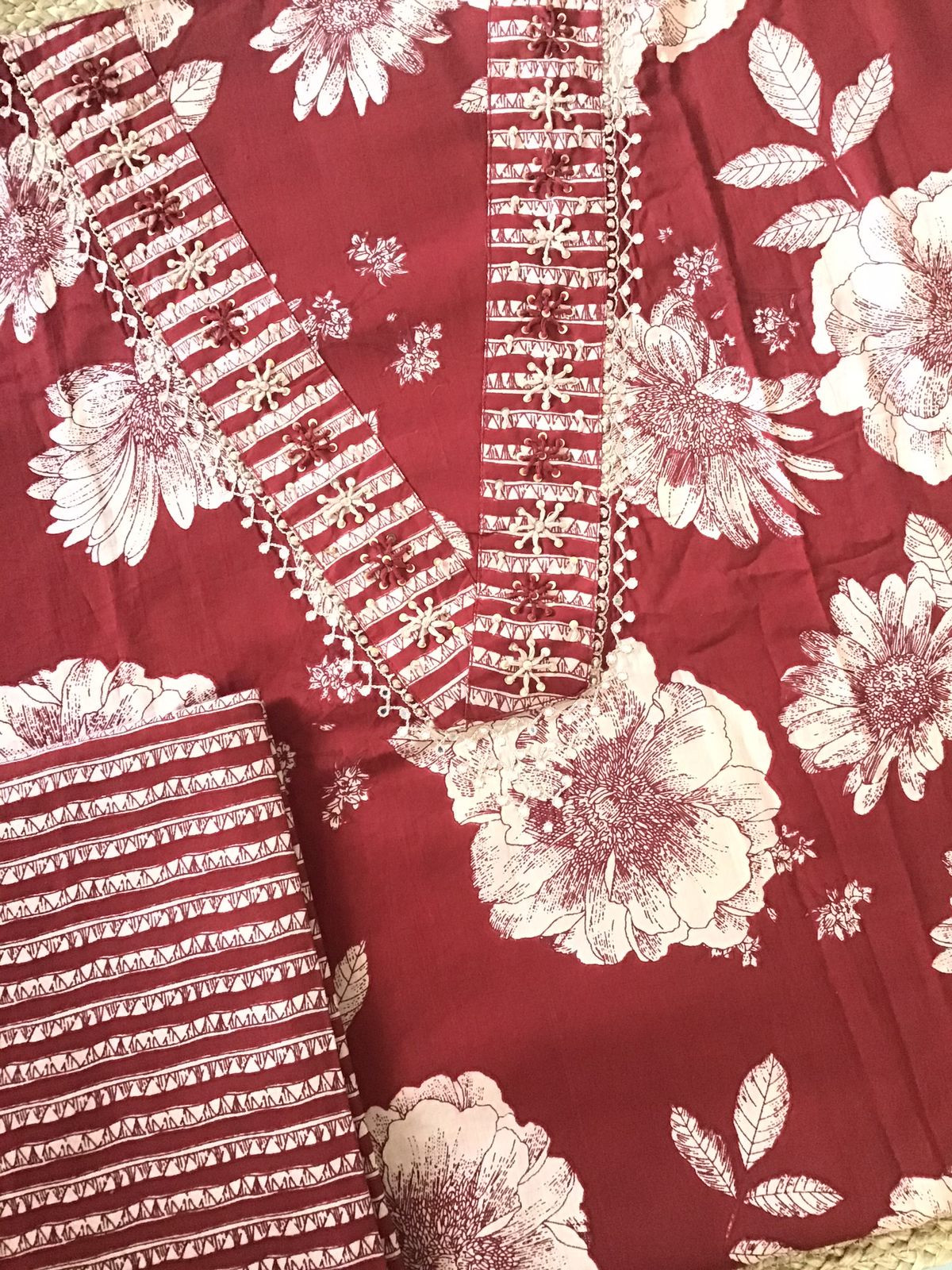 Pure Cotton Printed Embroidered Suit - Red