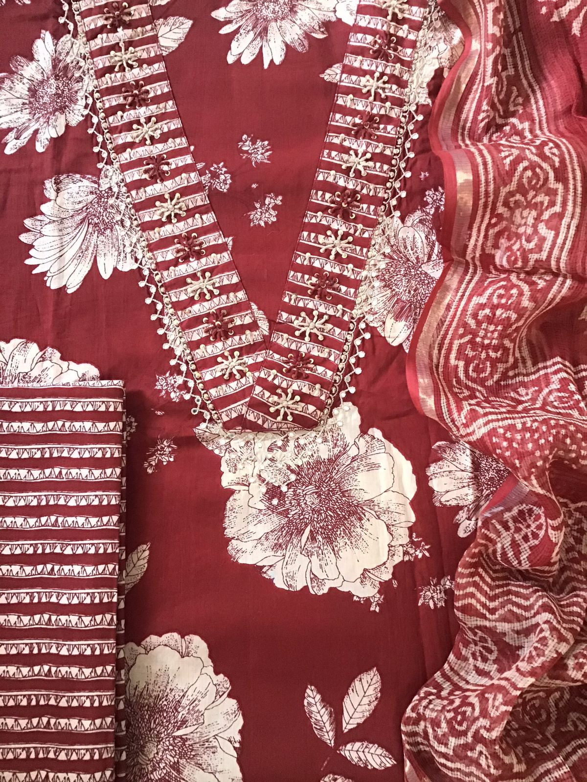 Pure Cotton Printed Embroidered Suit - Red