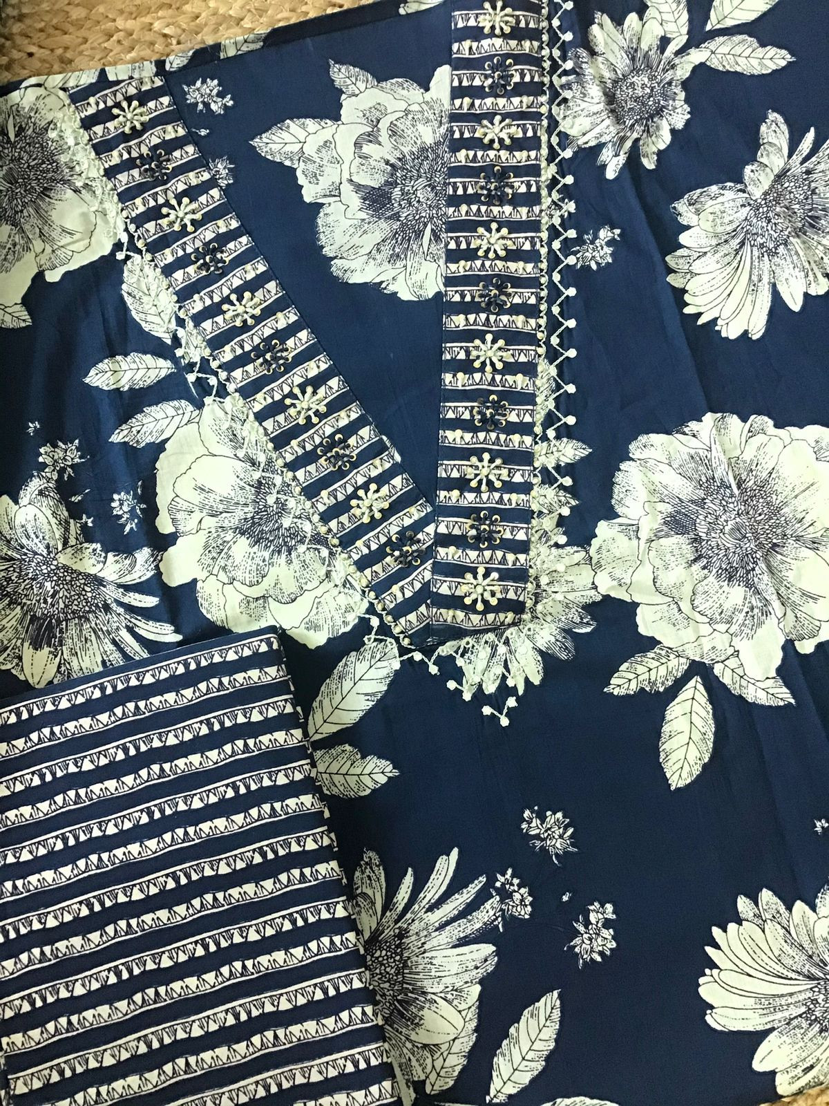 Pure Cotton Printed Embroidered Suit - Blue