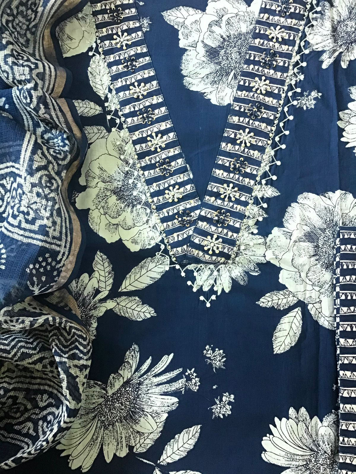 Pure Cotton Printed Embroidered Suit - Blue