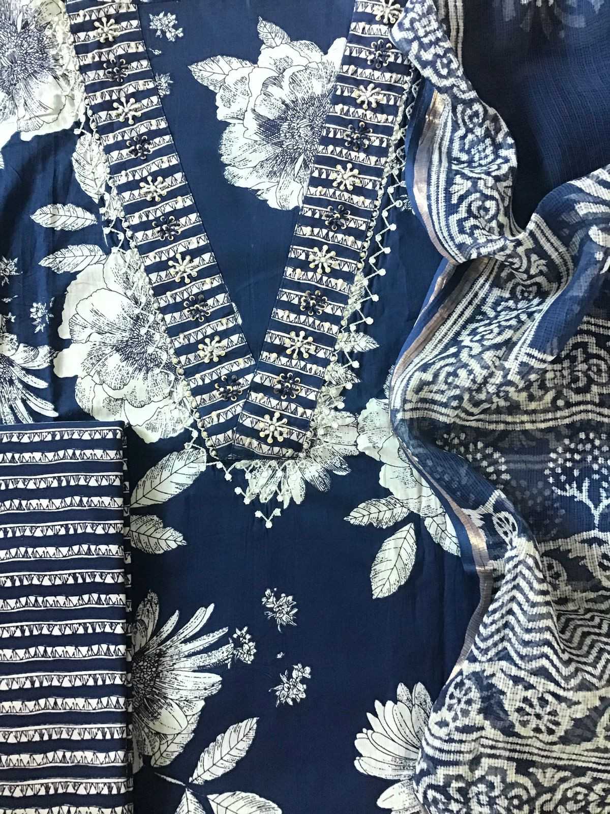 Pure Cotton Printed Embroidered Suit - Blue