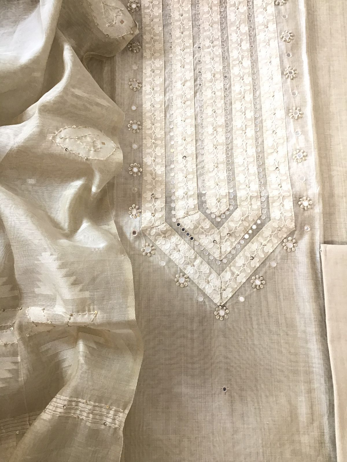 Soft Slub Chanderi Jamdani Weaved Embroidered Suit - Beige