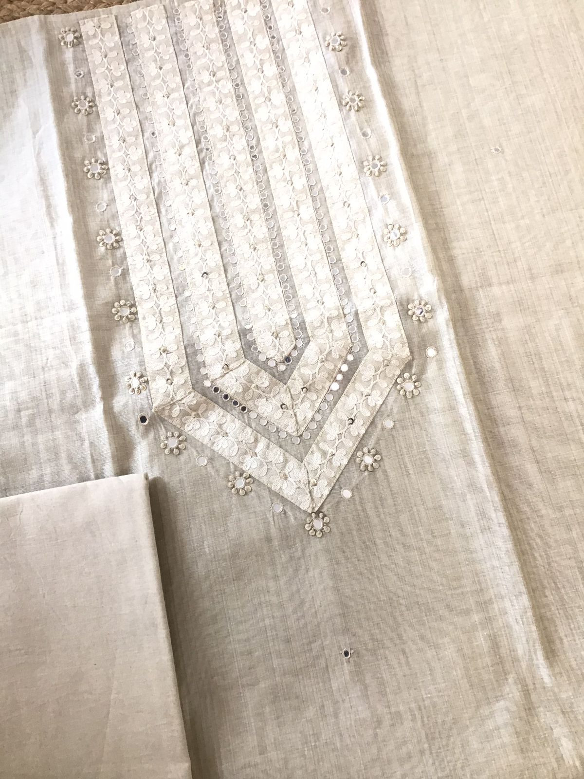 Soft Slub Chanderi Jamdani Weaved Embroidered Suit - Beige