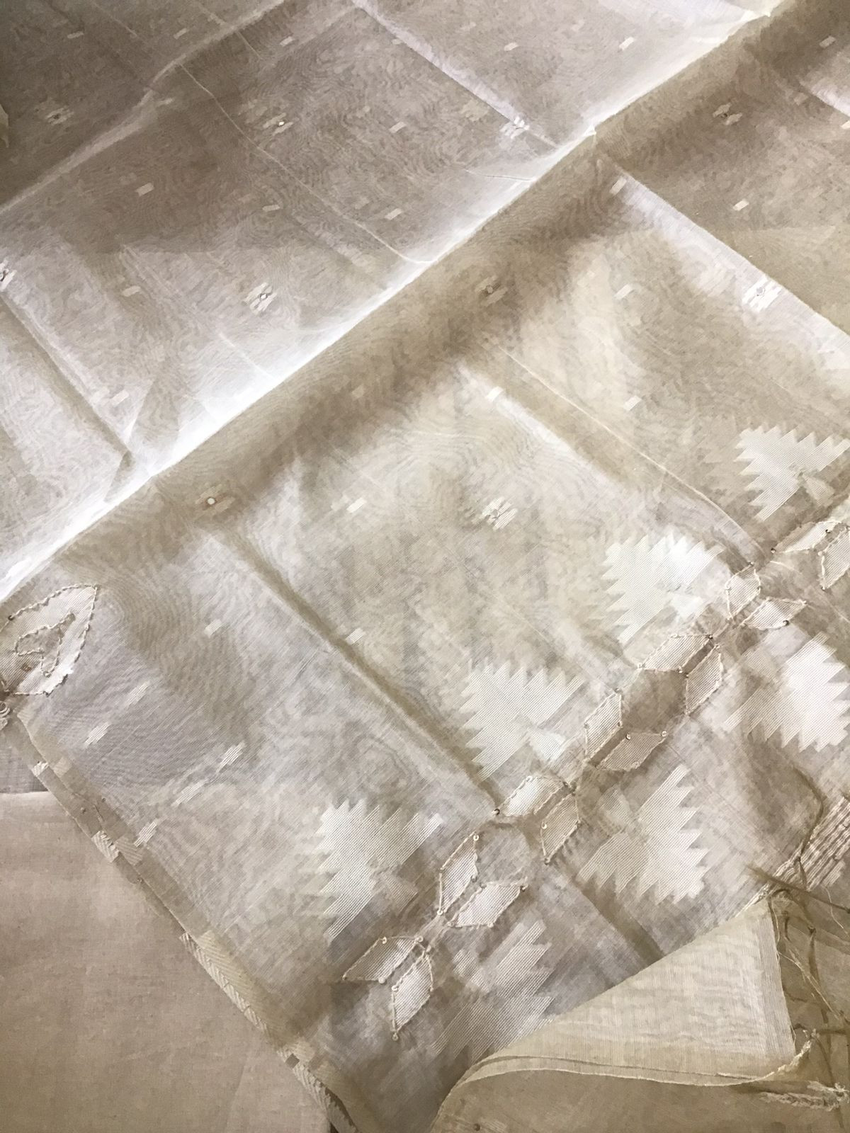 Soft Slub Chanderi Jamdani Weaved Embroidered Suit - Beige