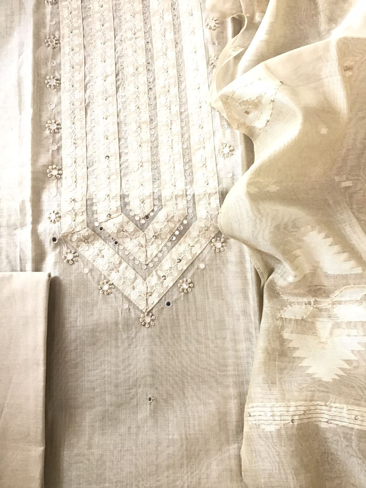 Soft Slub Chanderi Jamdani Weaved Embroidered Suit - Beige