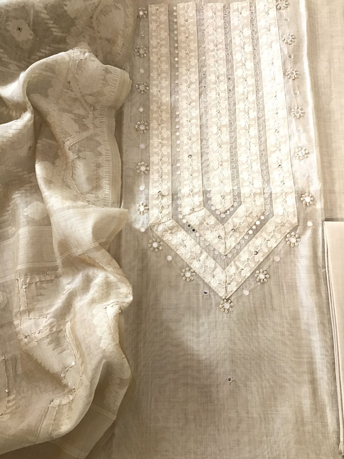 Soft Slub Chanderi Jamdani Weaved Embroidered Suit - Beige