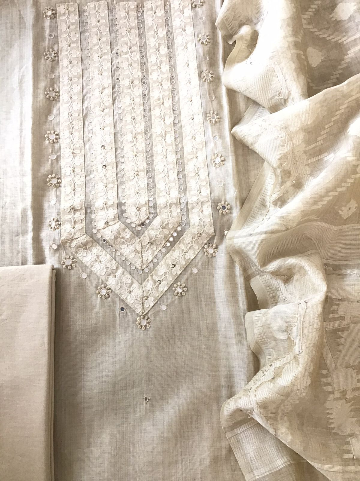 Soft Slub Chanderi Jamdani Weaved Embroidered Suit - Beige