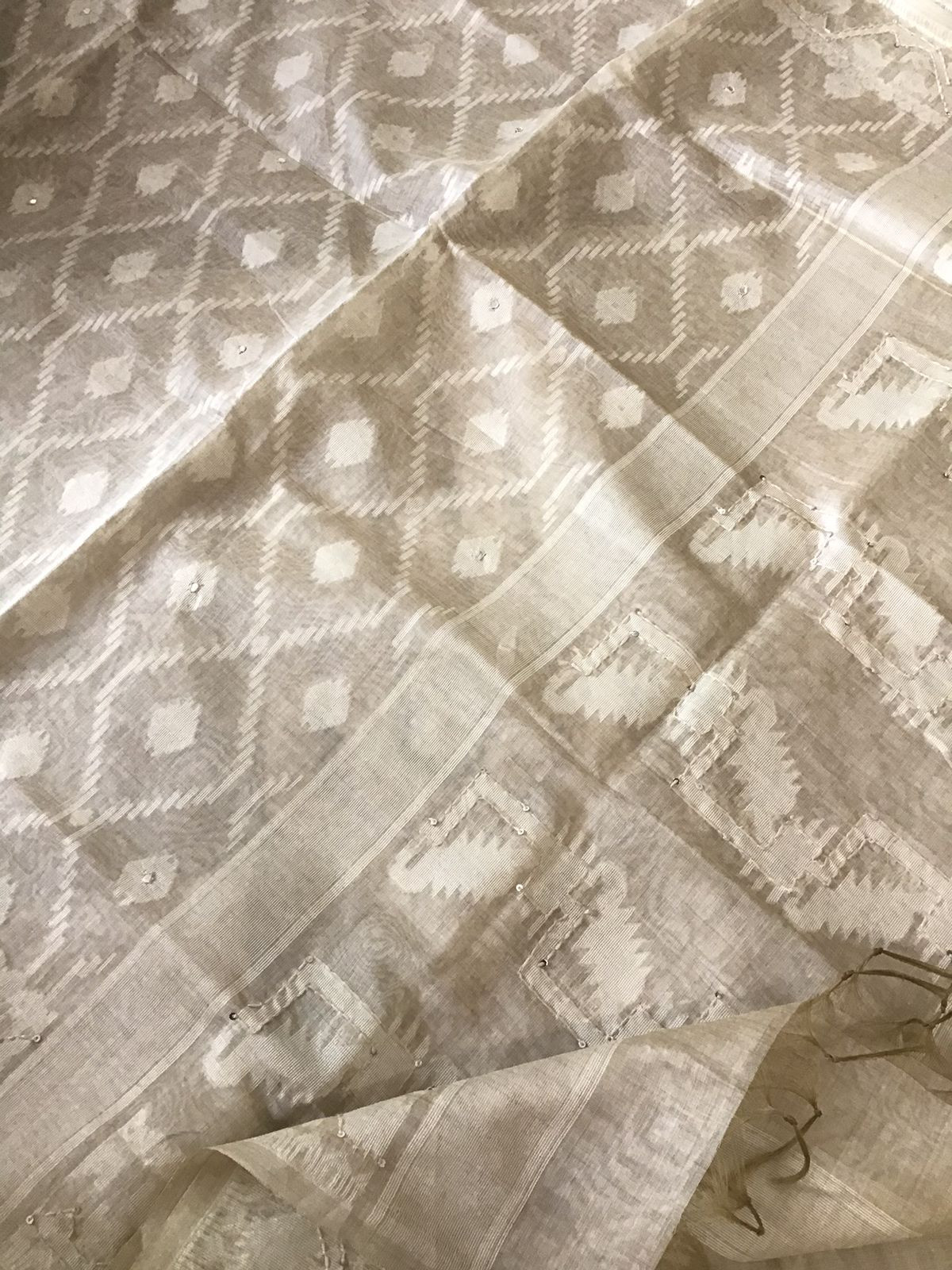 Soft Slub Chanderi Jamdani Weaved Embroidered Suit - Beige