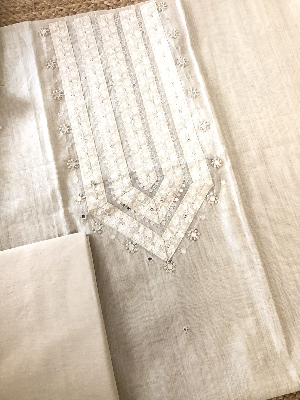 Soft Slub Chanderi Jamdani Weaved Embroidered Suit - Beige