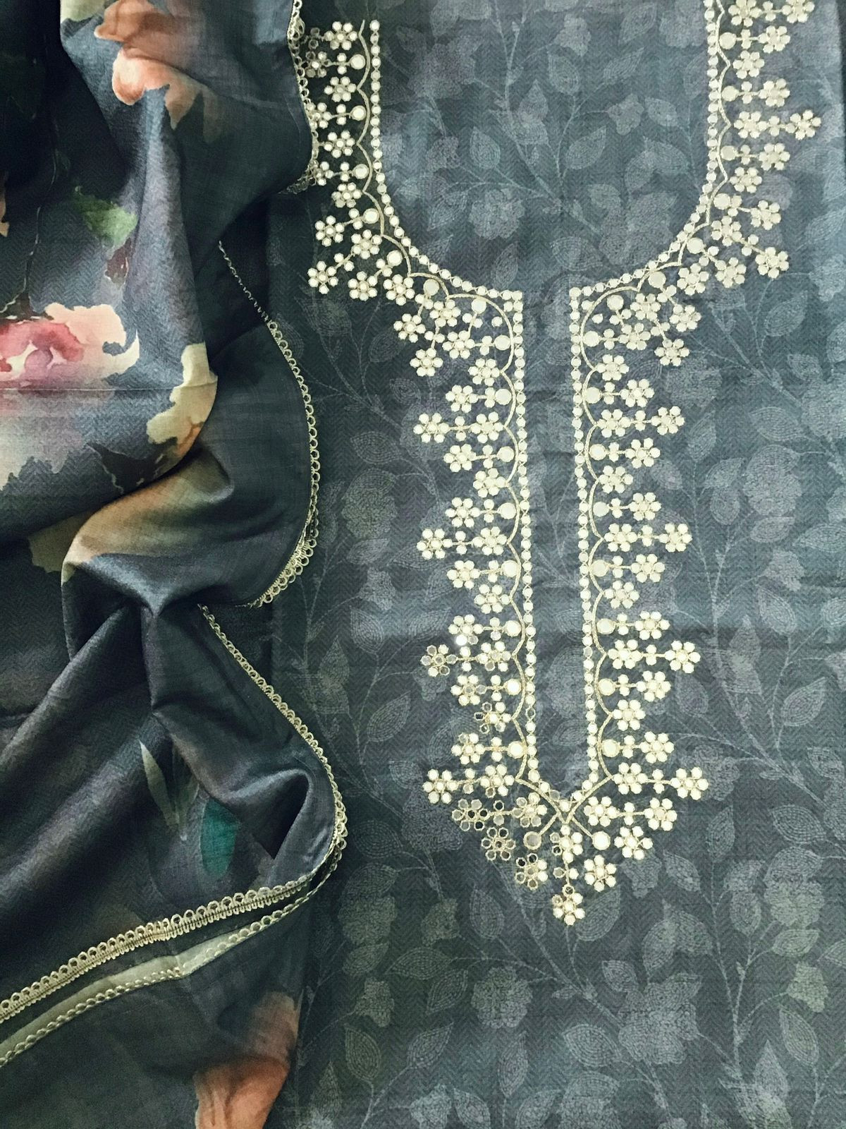 Soft Kora Chanderi Printed Embroidered Suit - Grey