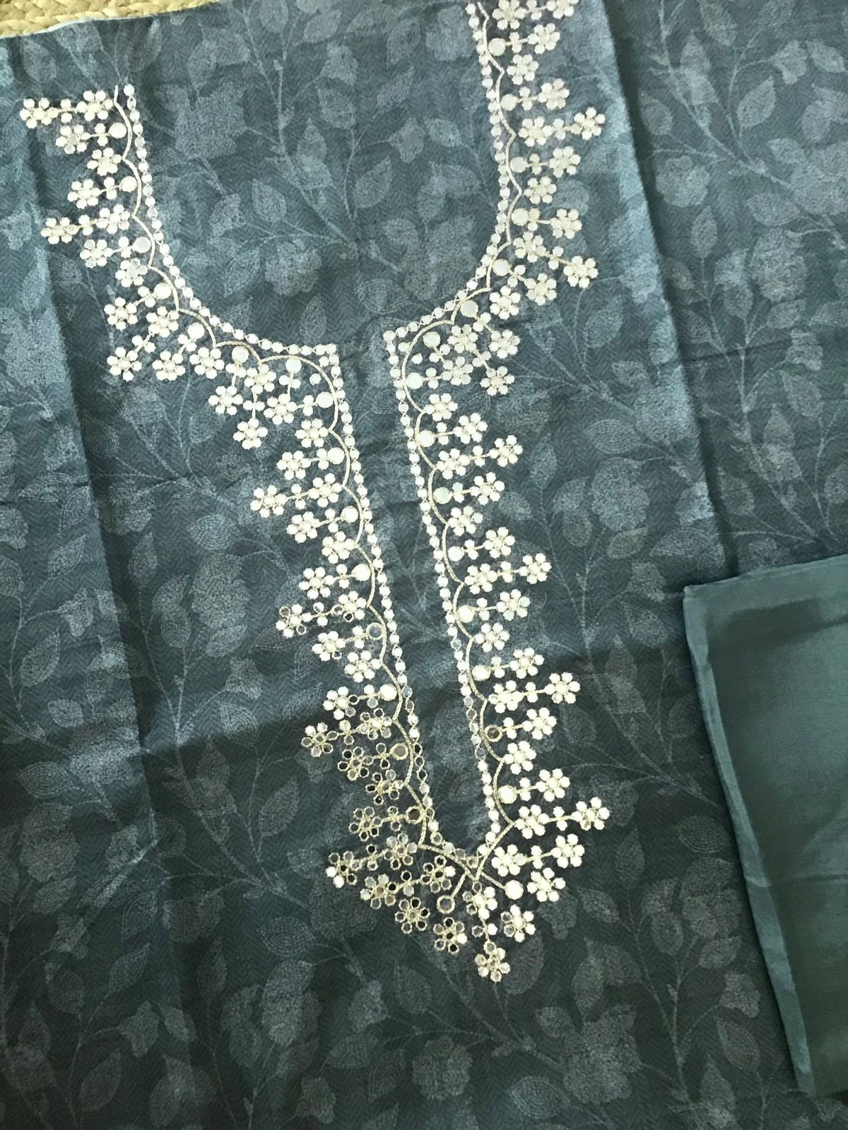 Soft Kora Chanderi Printed Embroidered Suit - Grey