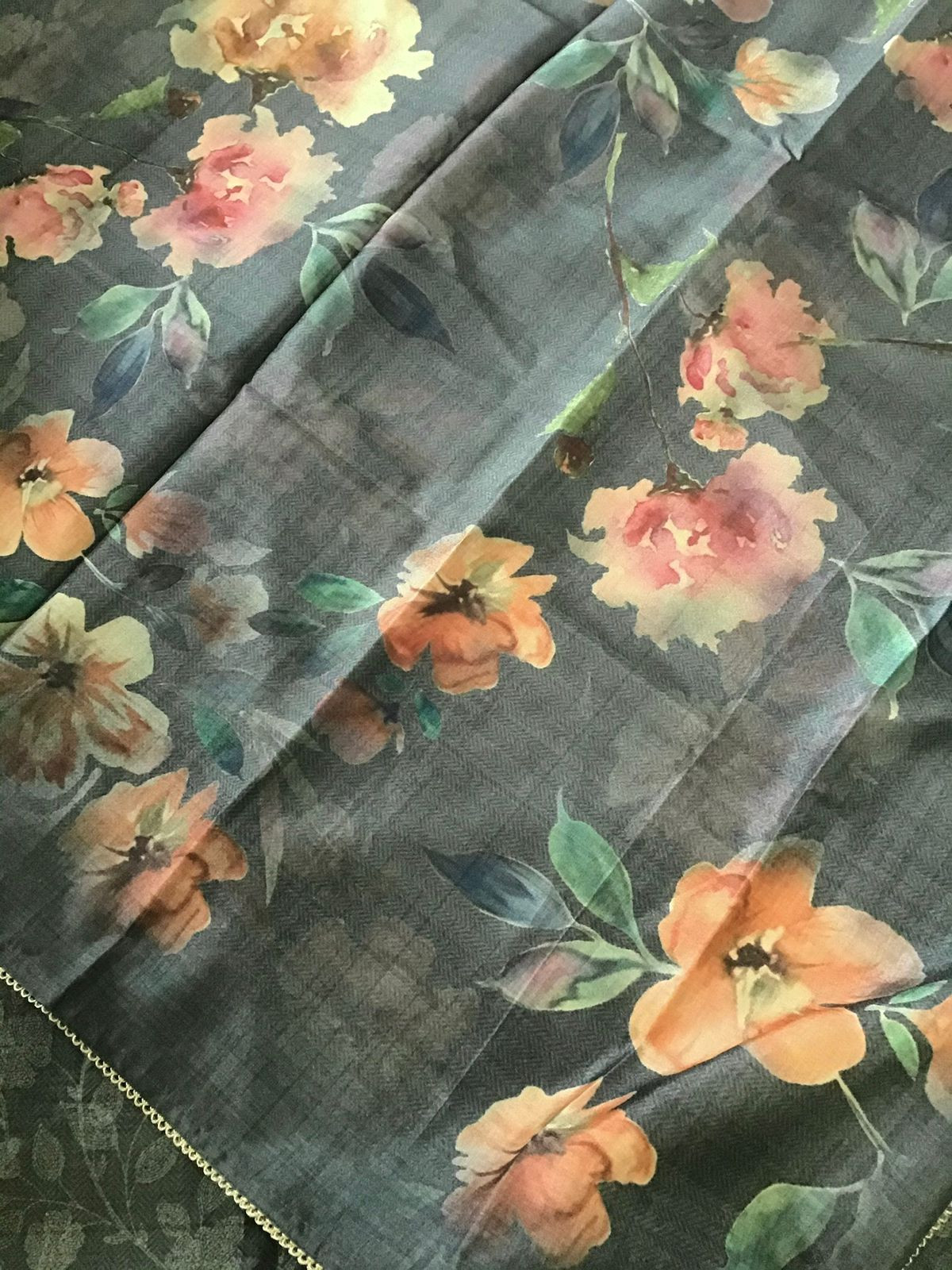 Soft Kora Chanderi Printed Embroidered Suit - Grey