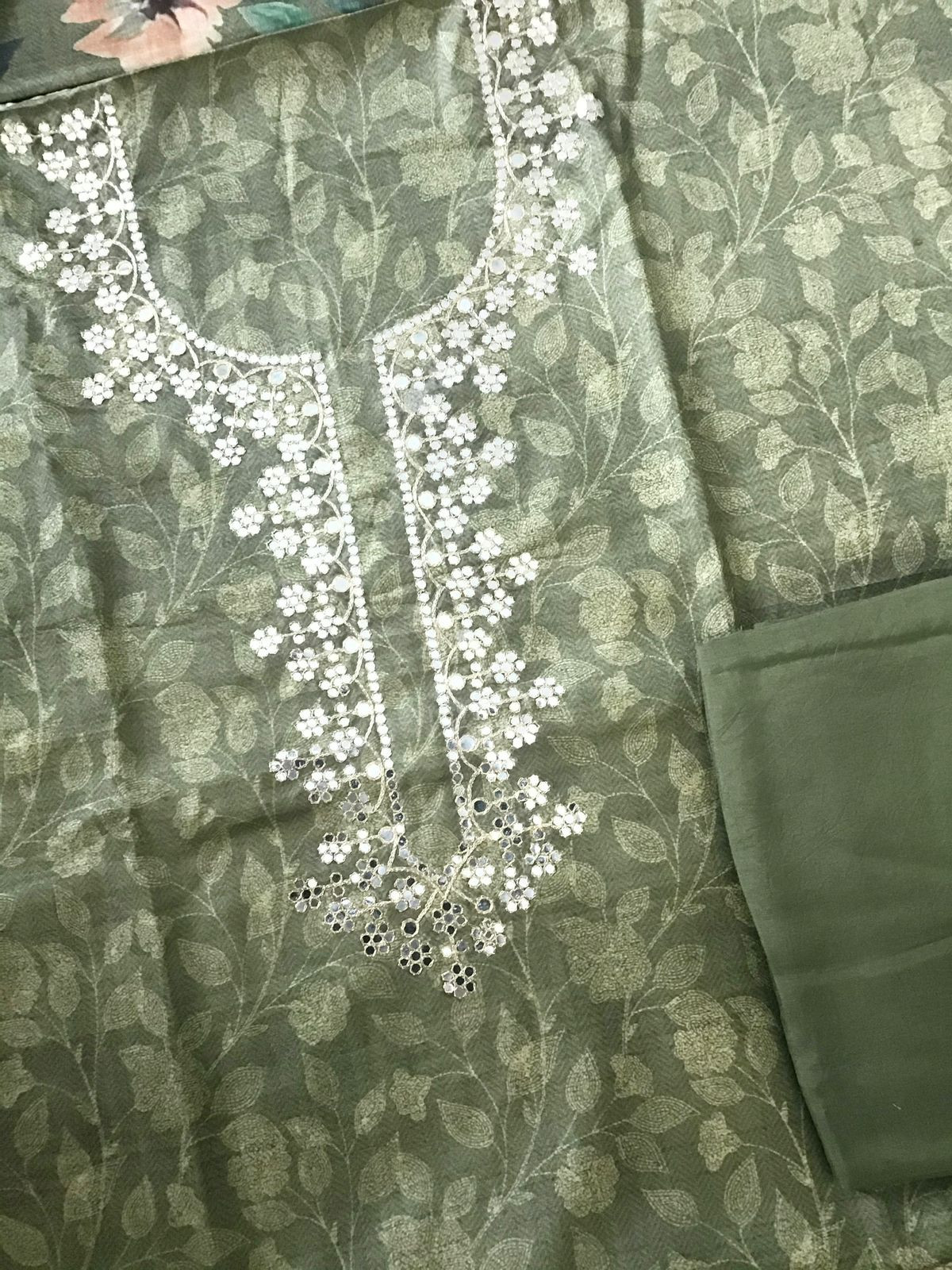 Soft Kora Chanderi Printed Embroidered Suit - Green