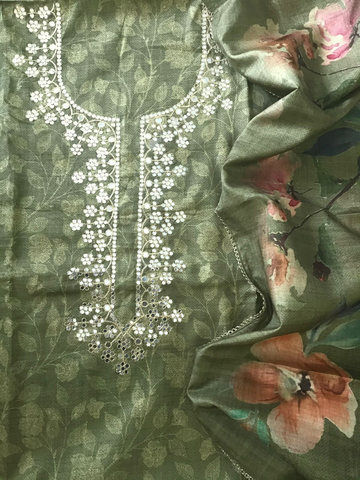 Soft Kora Chanderi Printed Embroidered Suit - Green