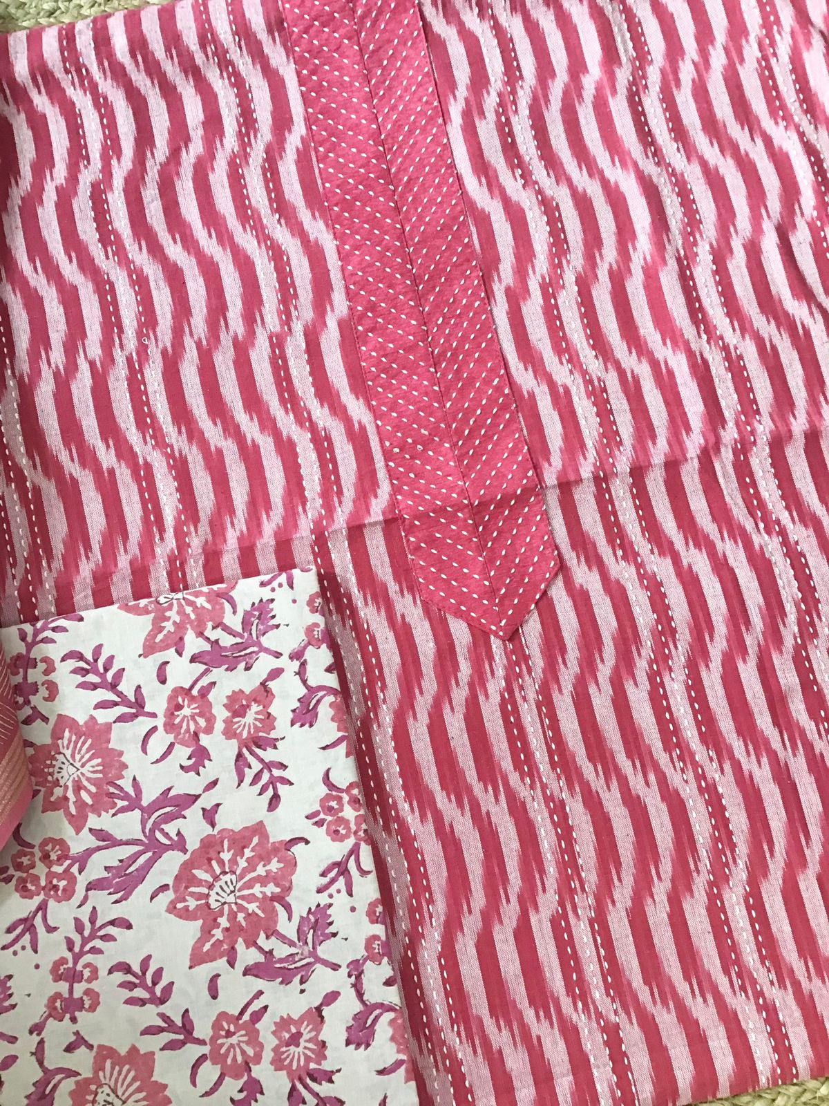 Pure Fine Ikkat Cotton Printed Embroidered Suit - Pink