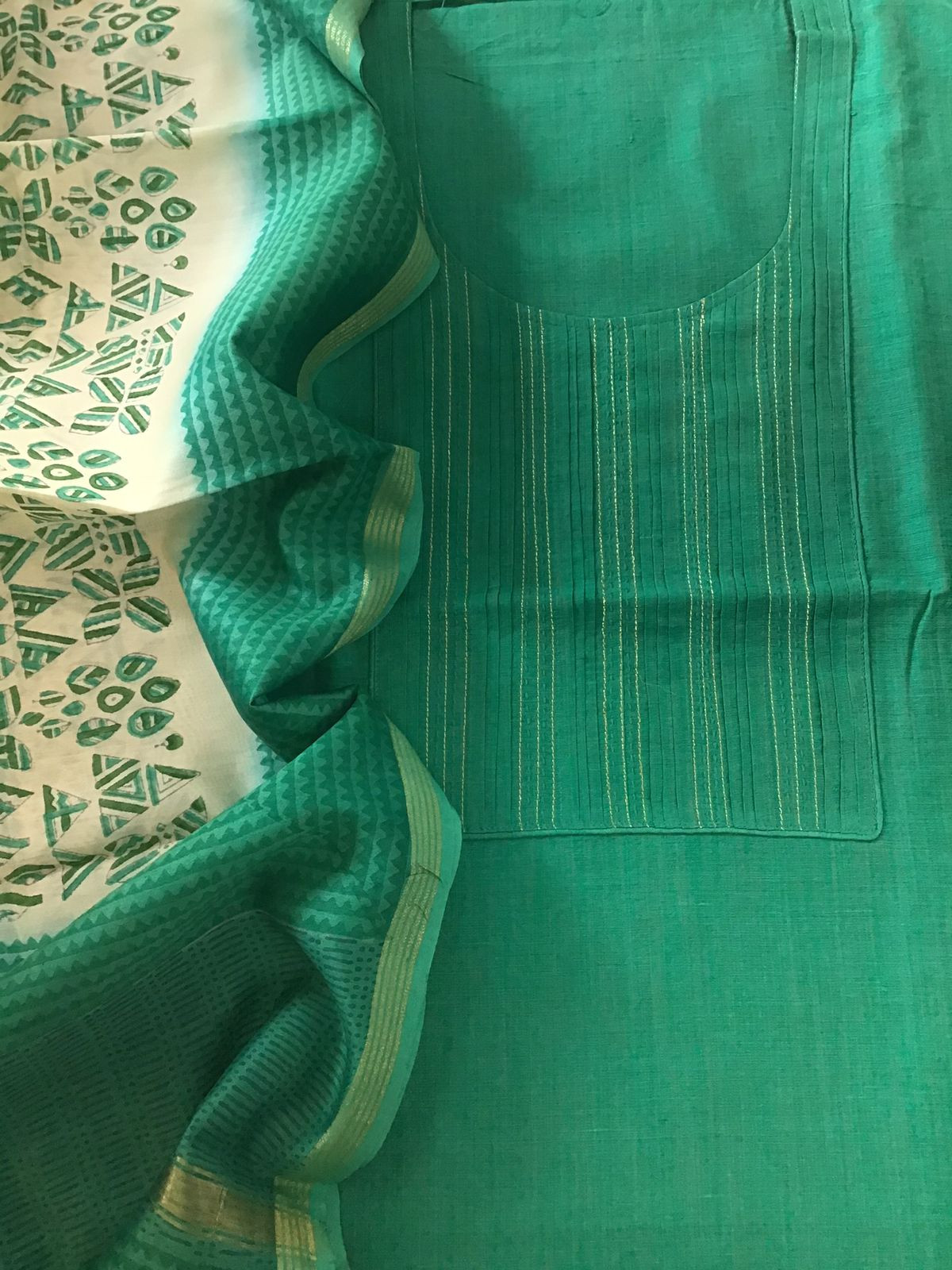 Pure Cotton Silk Embroidered Suit - Green