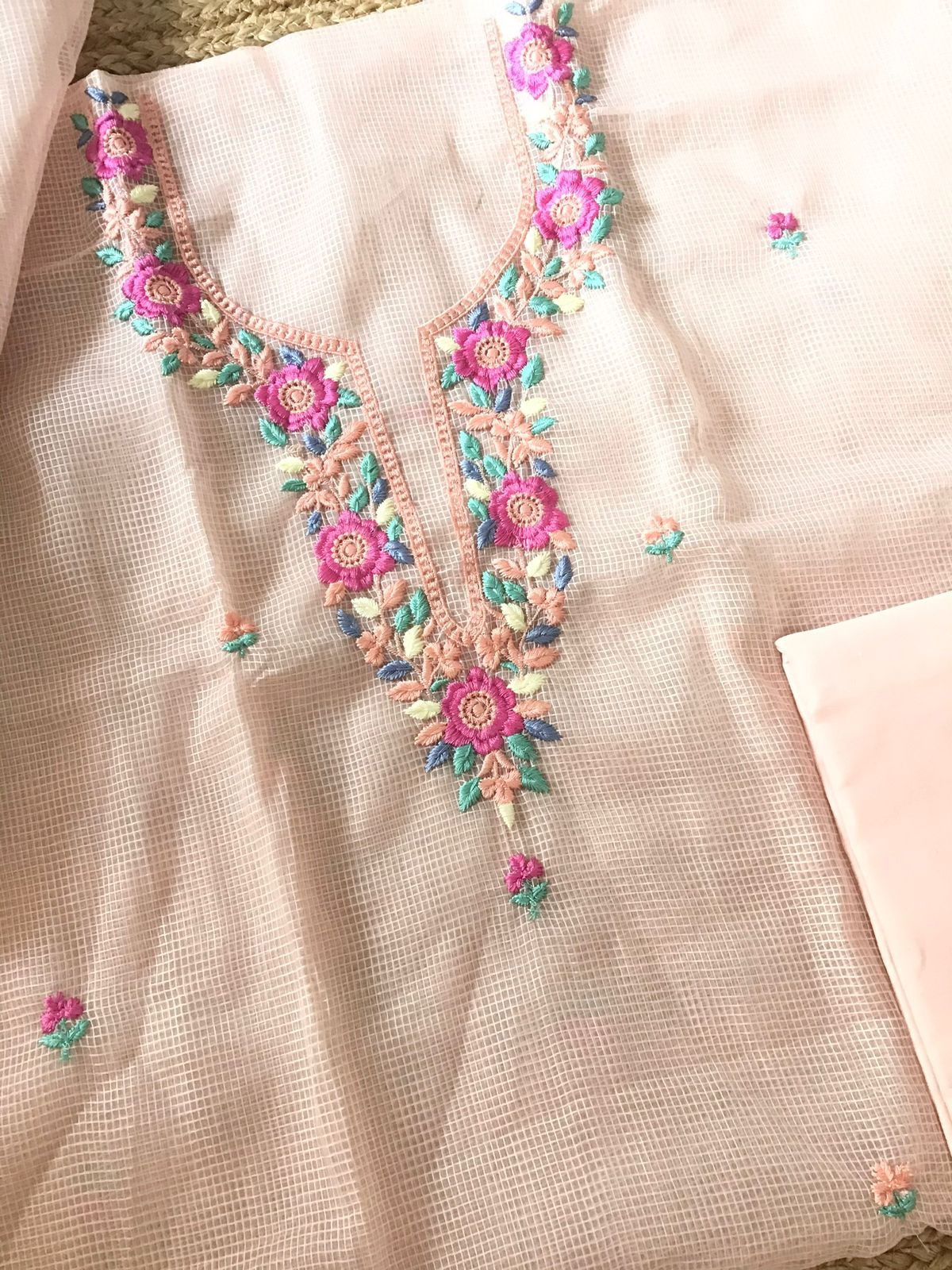 Soft Kota Organza Embroidered Suit - Peach