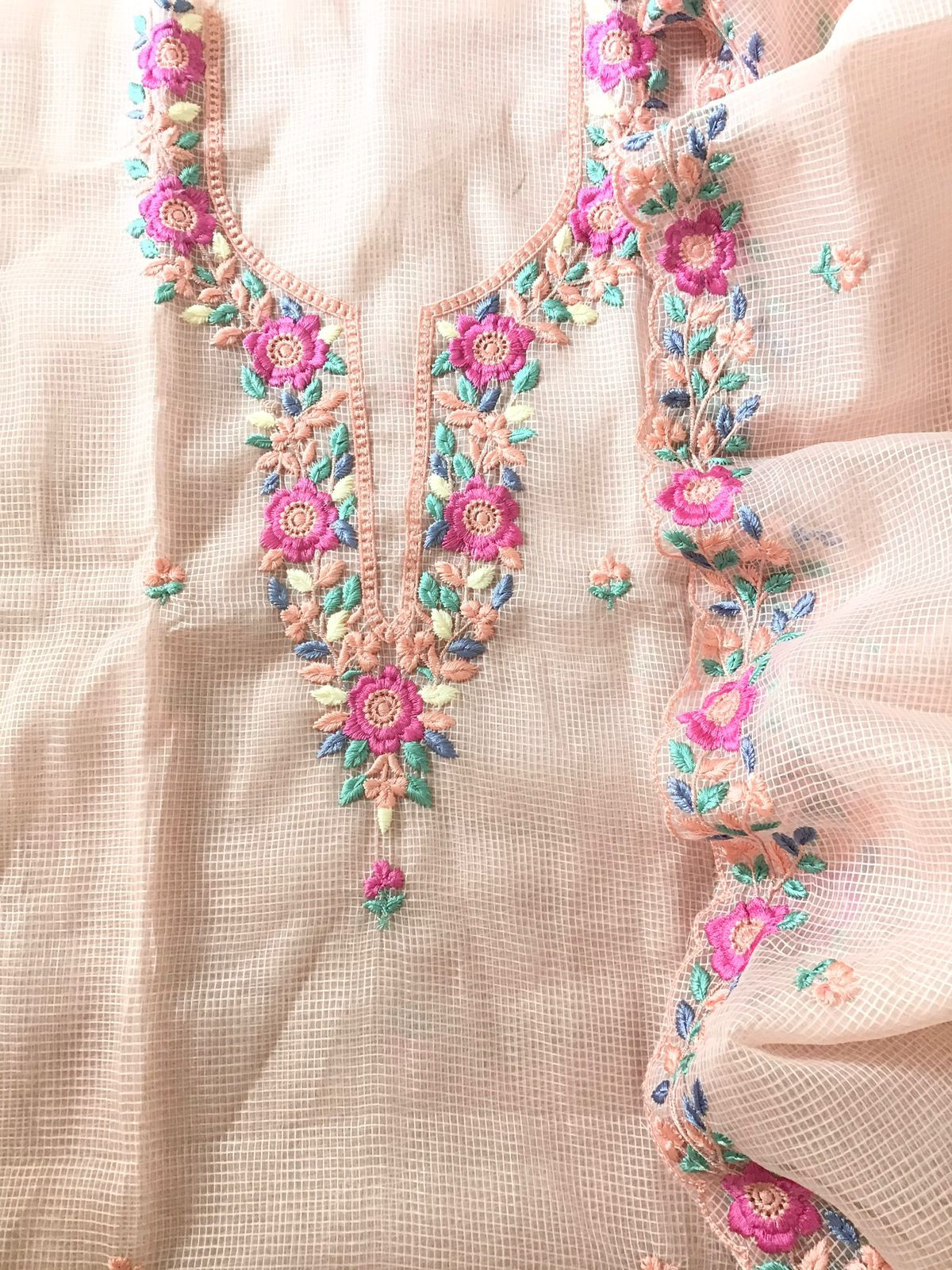 Soft Kota Organza Embroidered Suit - Peach
