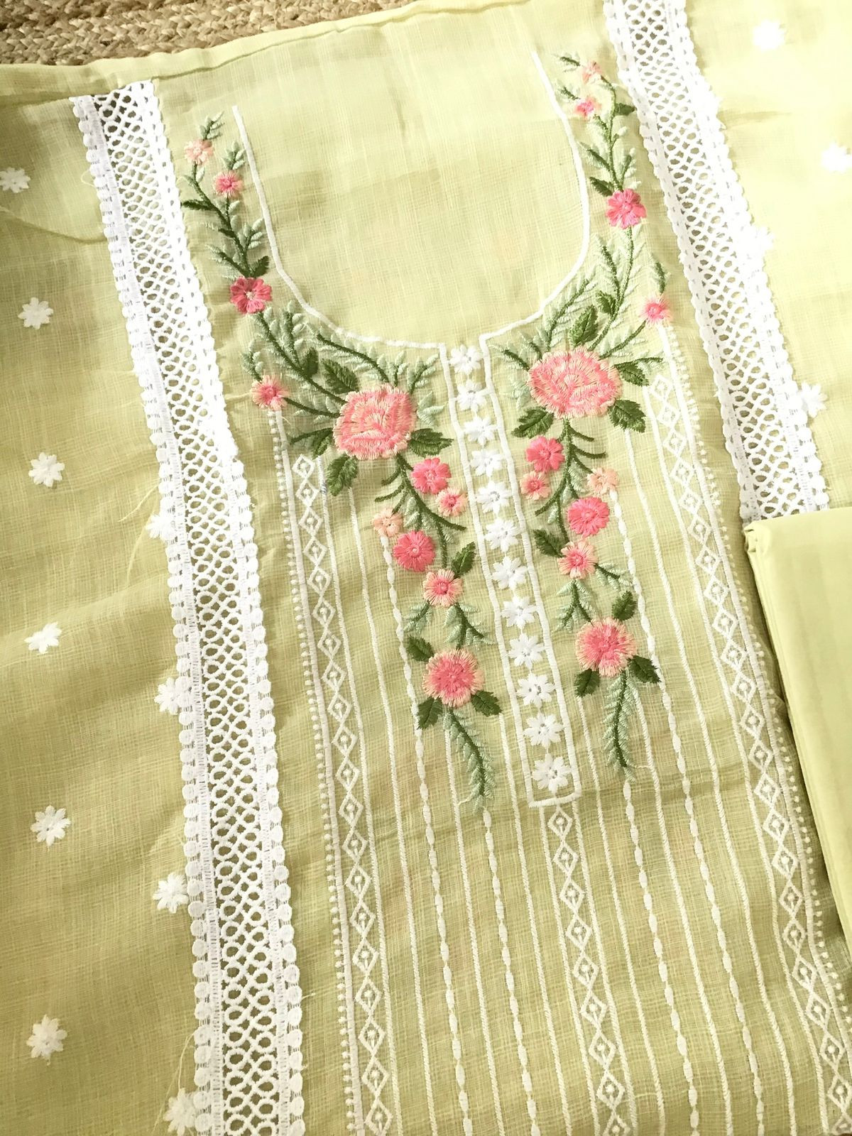 Soft Jute Kota Cotton Embroidered Suit - Yellow