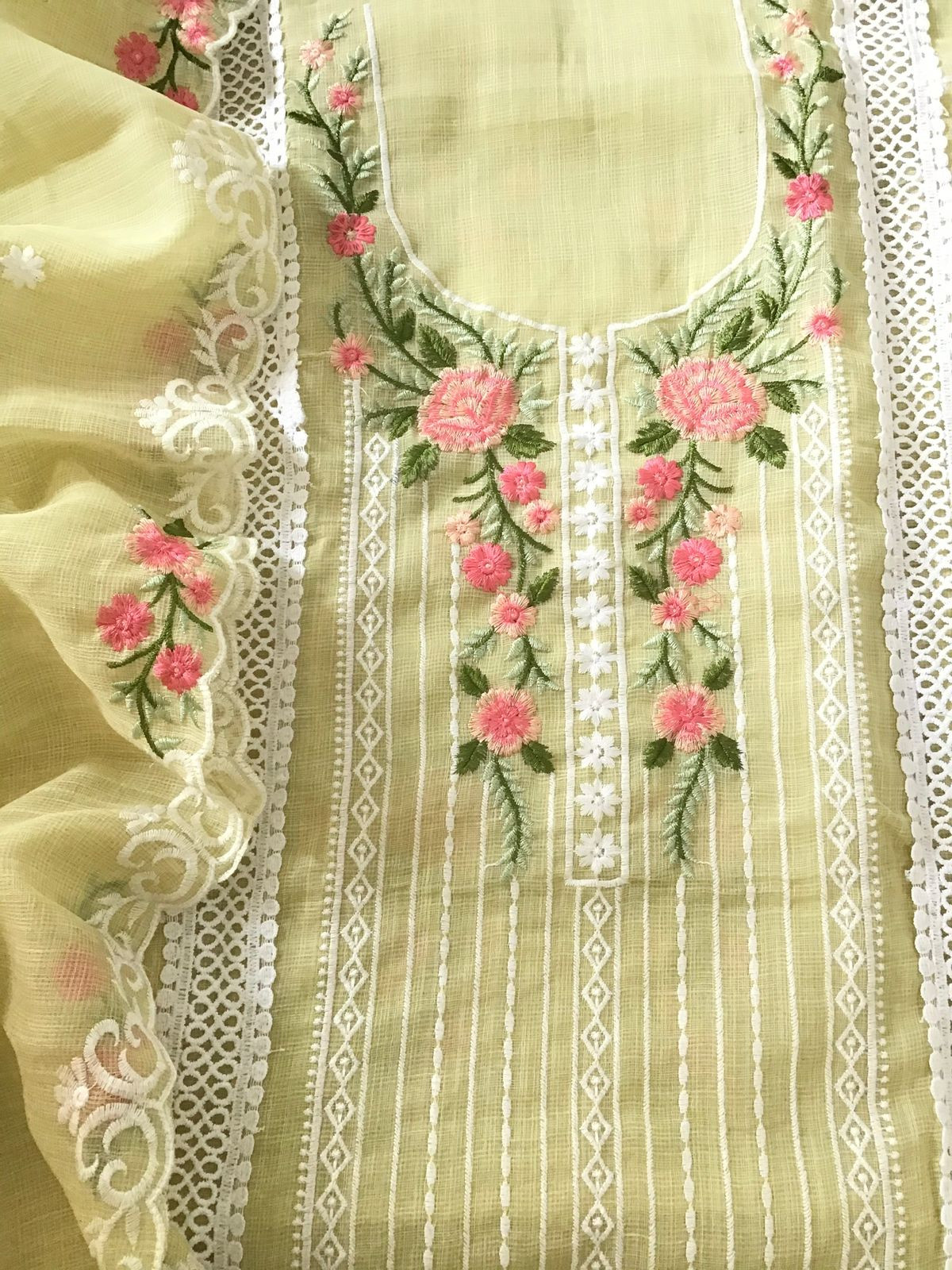 Soft Jute Kota Cotton Embroidered Suit - Yellow