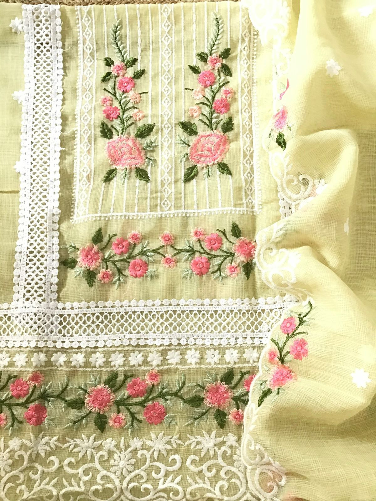 Soft Jute Kota Cotton Embroidered Suit - Yellow