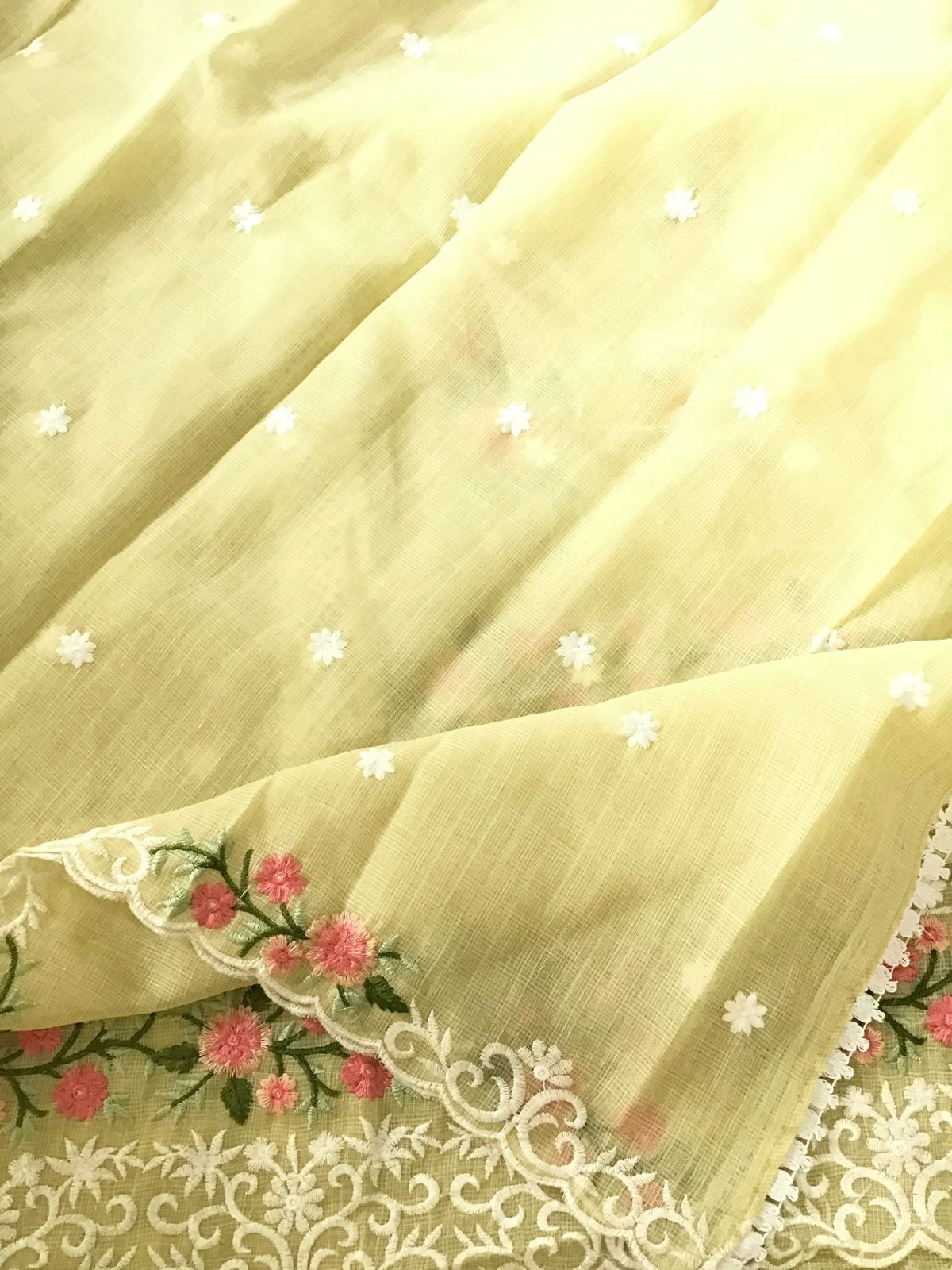 Soft Jute Kota Cotton Embroidered Suit - Yellow