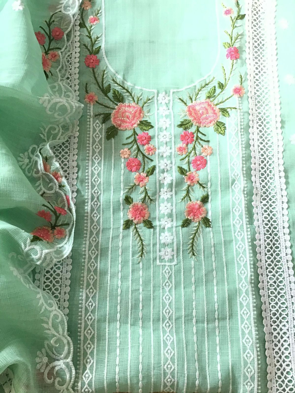 Soft Jute Kota Cotton Embroidered Suit - Green