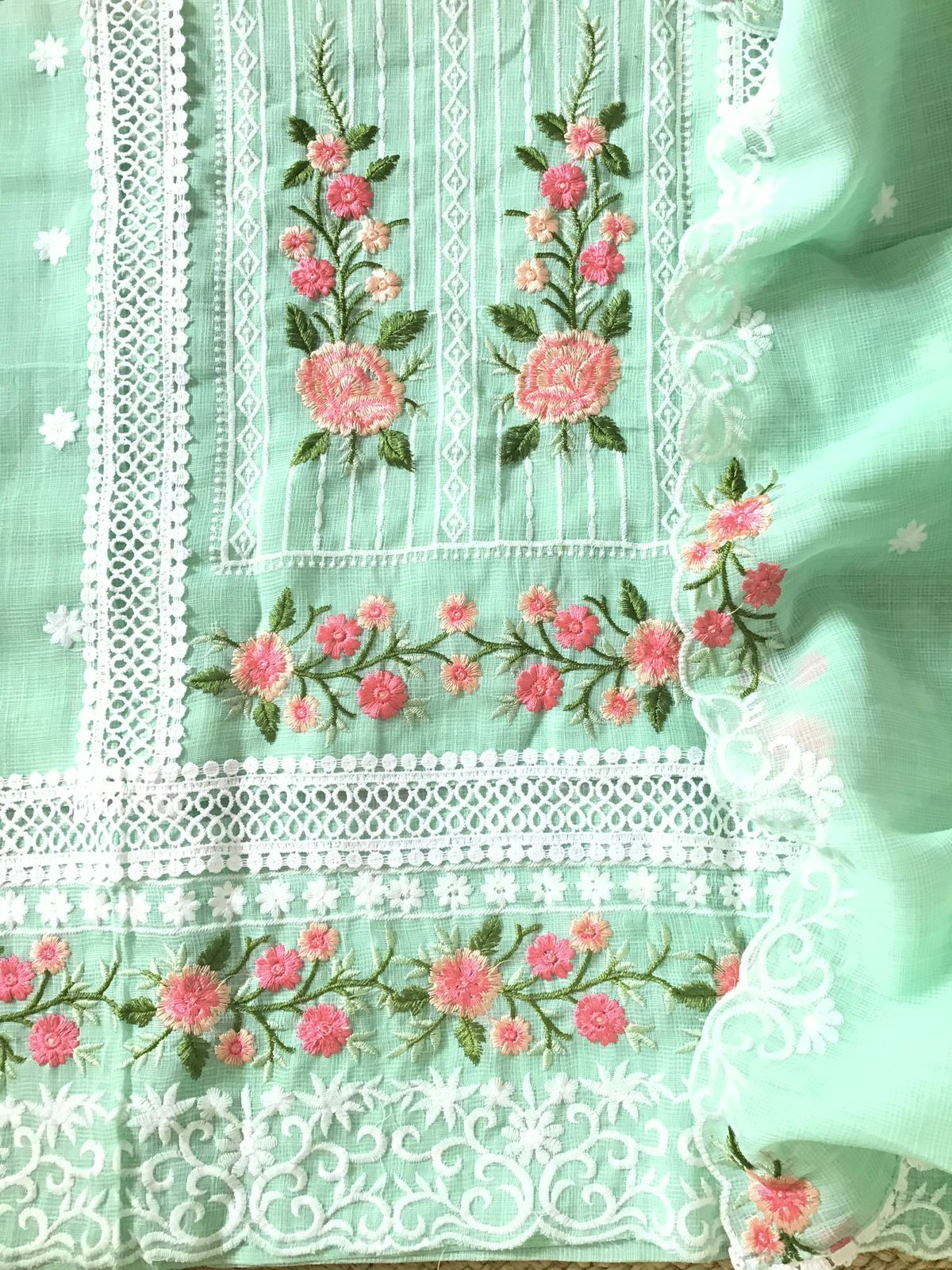 Soft Jute Kota Cotton Embroidered Suit - Green