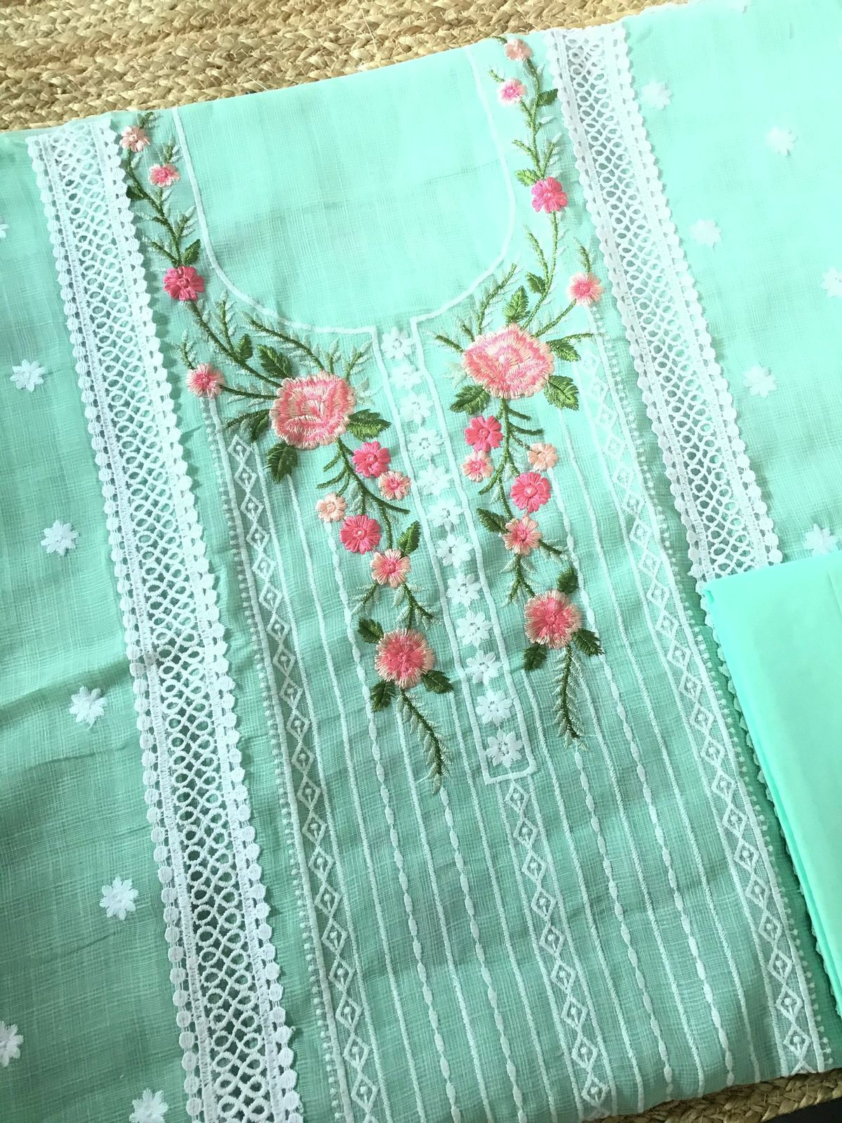 Soft Jute Kota Cotton Embroidered Suit - Green