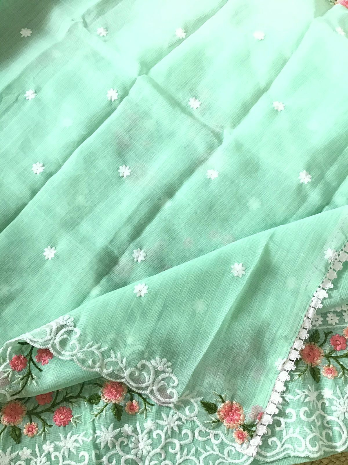 Soft Jute Kota Cotton Embroidered Suit - Green