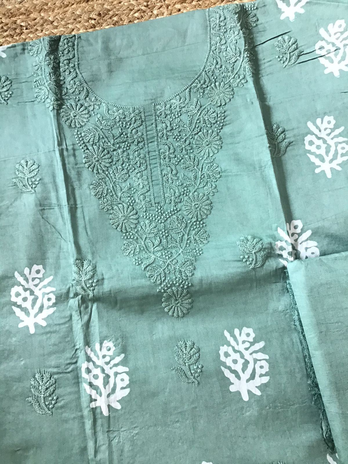 Pure Cotton Printed Embroidered Suit - Green