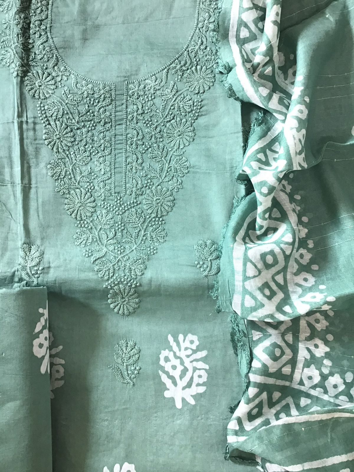 Pure Cotton Printed Embroidered Suit - Green
