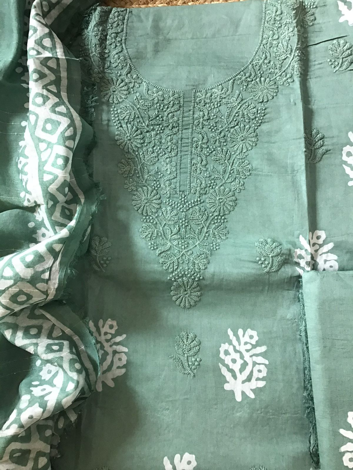Pure Cotton Printed Embroidered Suit - Green