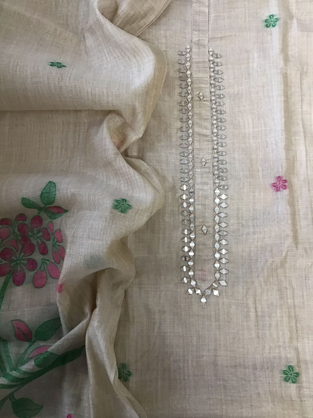 Soft Slub Chanderi Jamdani Weaved Embroidered Suit - Beige