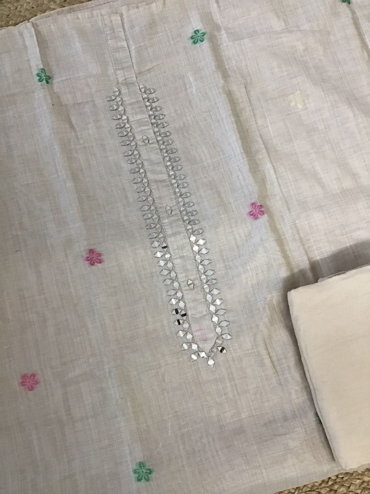 Soft Slub Chanderi Jamdani Weaved Embroidered Suit - Beige