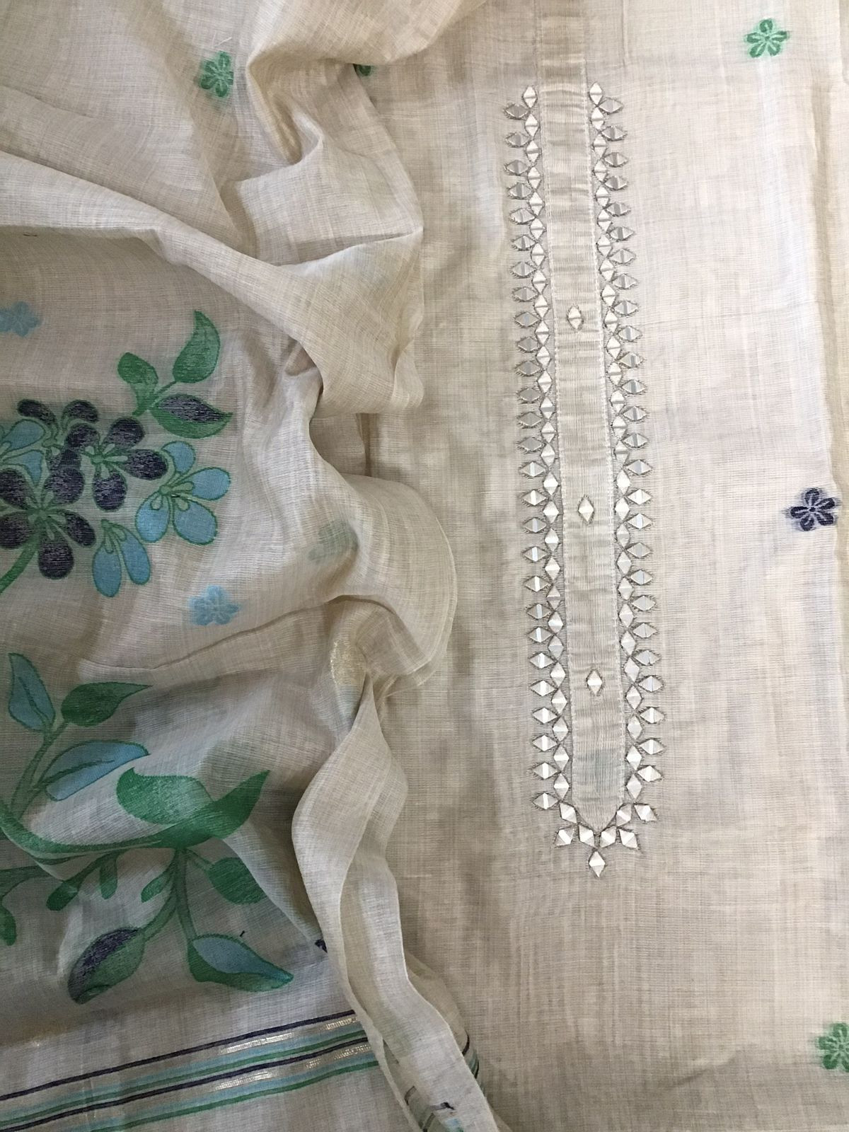 Soft Slub Chanderi Jamdani Weaved Embroidered Suit - Beige