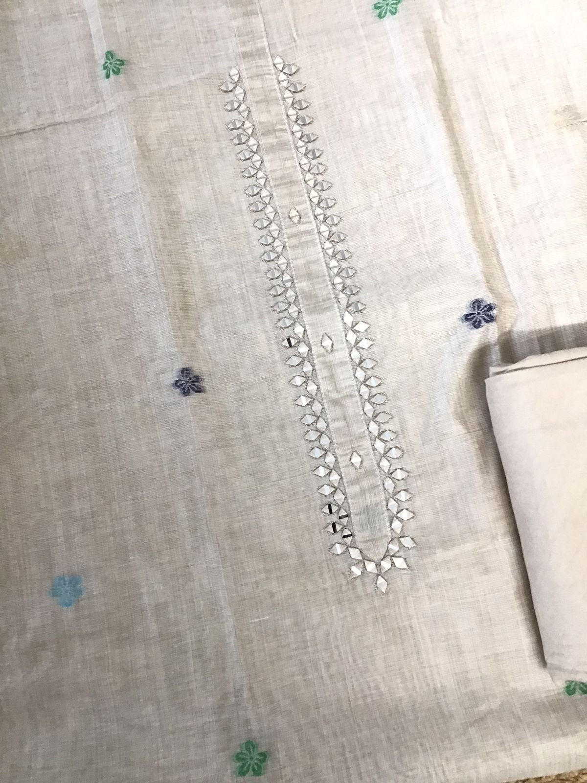 Soft Slub Chanderi Jamdani Weaved Embroidered Suit - Beige