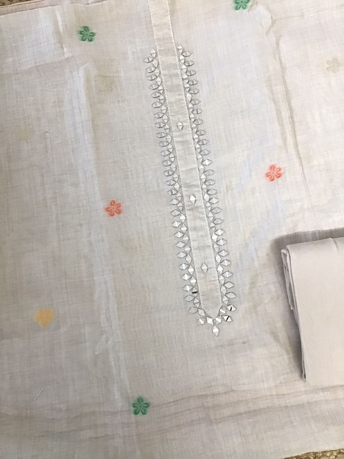 Soft Slub Chanderi Jamdani Weaved Embroidered Suit - Beige