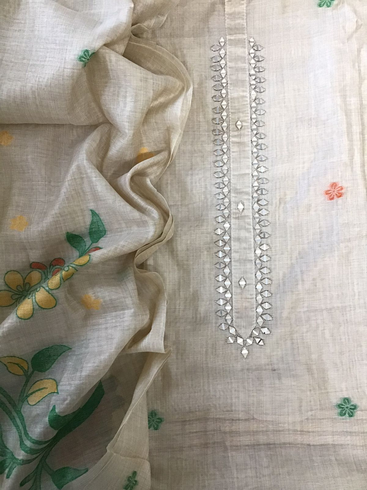 Soft Slub Chanderi Jamdani Weaved Embroidered Suit - Beige