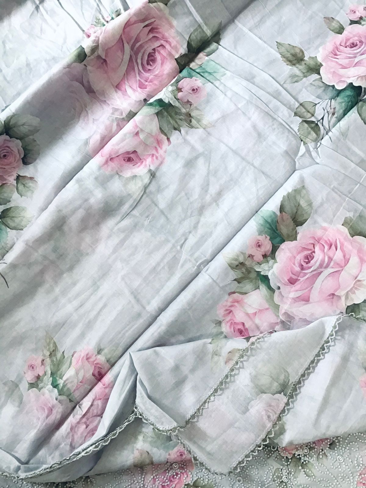 Pure Cotton Printed Embroidered Suit - Grey