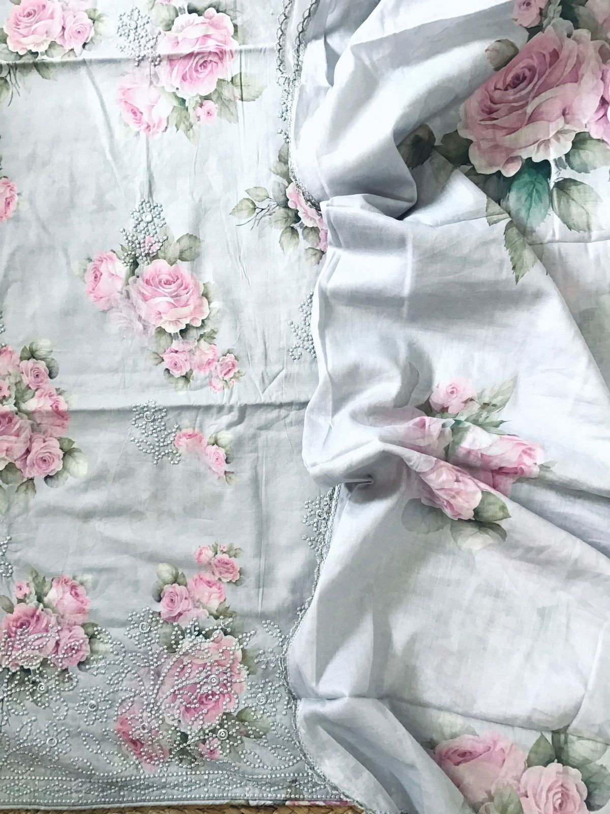 Pure Cotton Printed Embroidered Suit - Grey